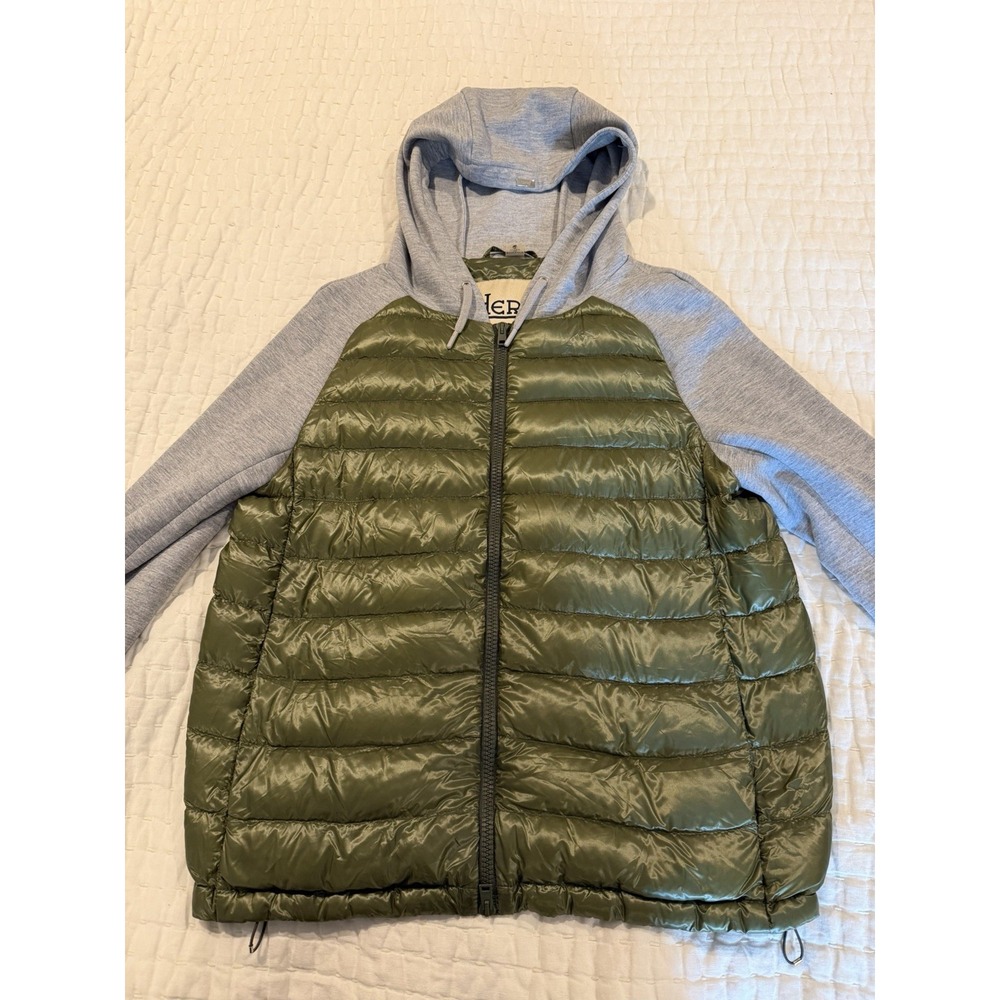 Herno Womens Puffer/sweatshirt Hoodie Combo Jacket Goose Down Green And Gray 44